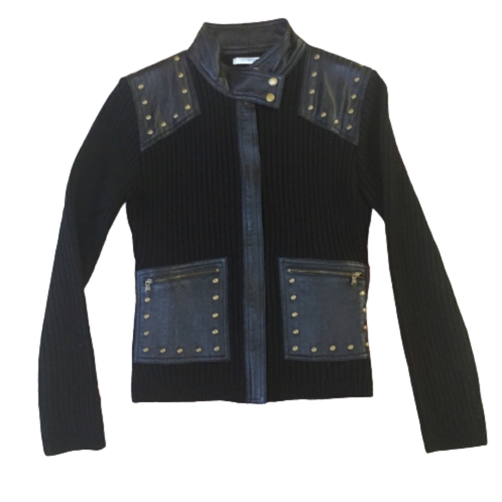 Genuine Leather Trim Sweater with Studs